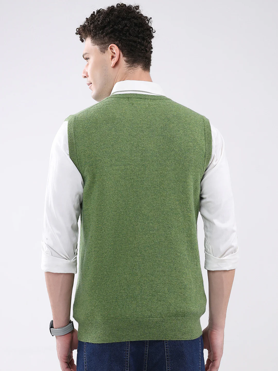 Men Green Solid V Neck Sleeveless Sweater - Image 5