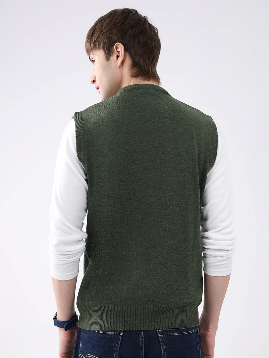 Men Green Solid V Neck Sleeveless Sweater - Image 5