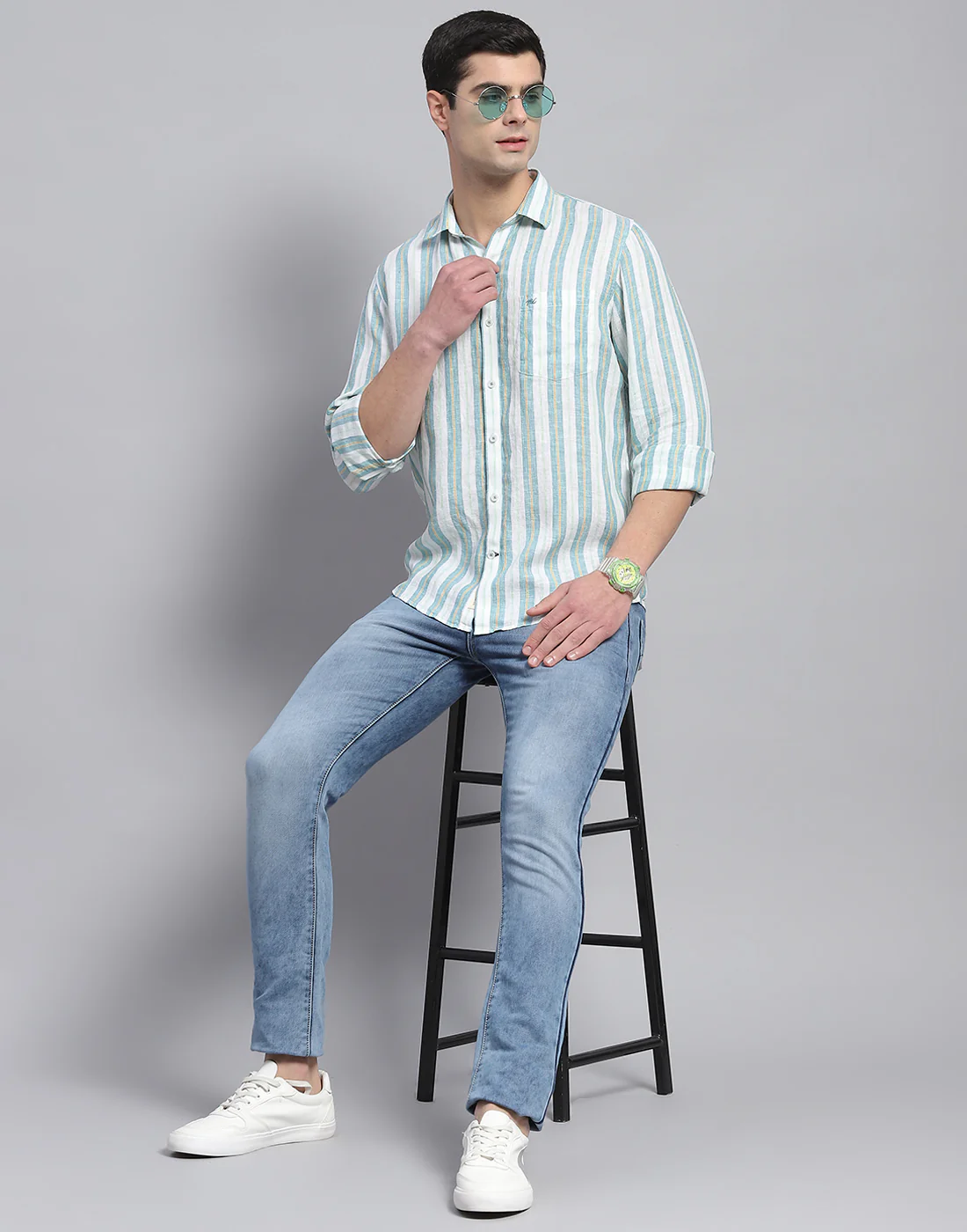 Men Green Stripe Collar Full Sleeve Linen Shirt - Image 2