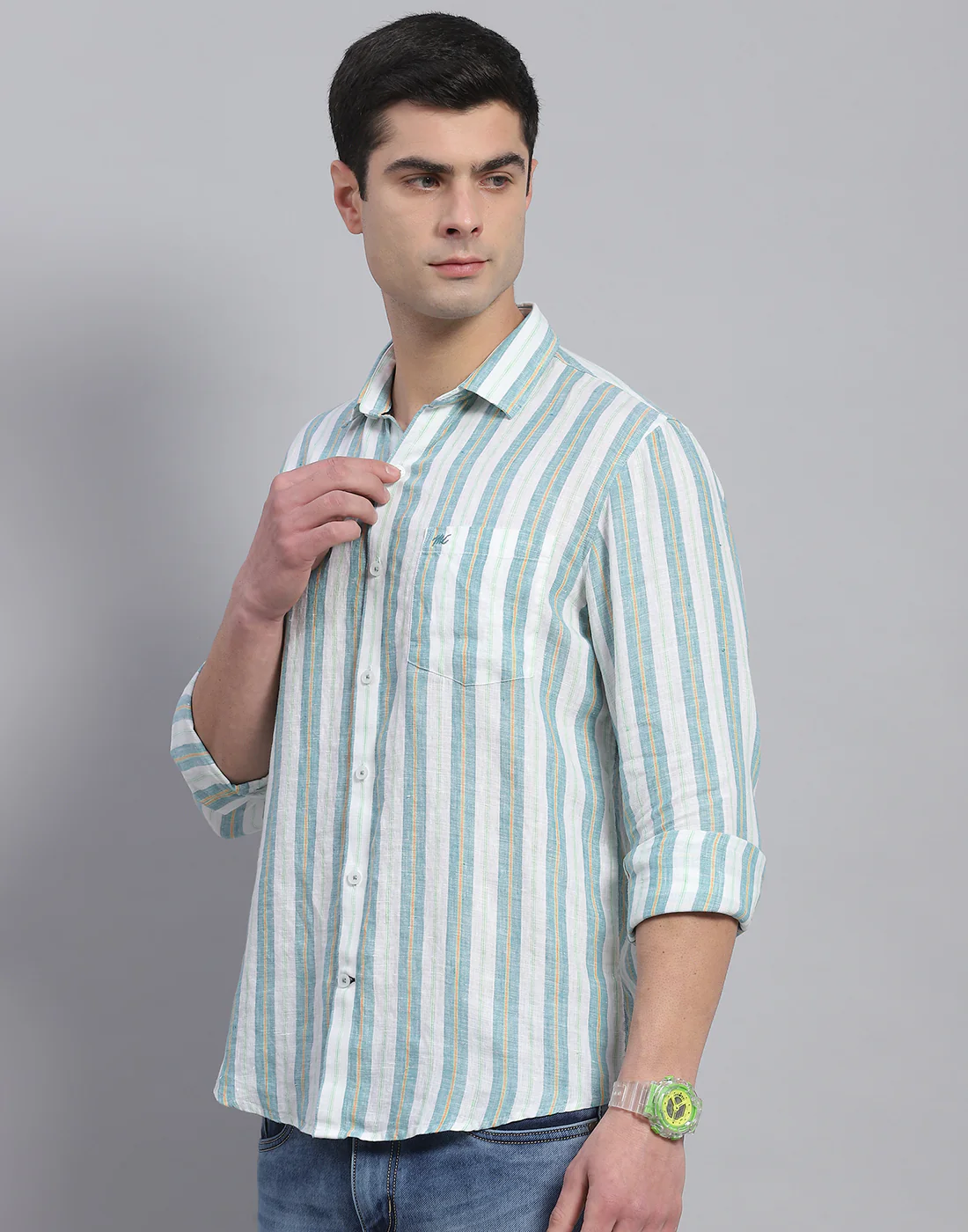 Men Green Stripe Collar Full Sleeve Linen Shirt - Image 4