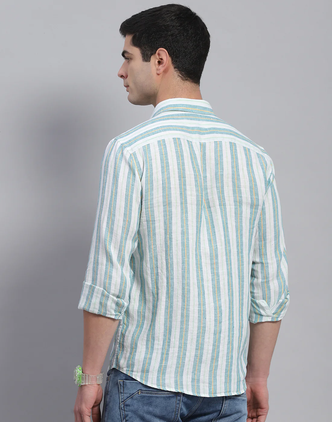 Men Green Stripe Collar Full Sleeve Linen Shirt - Image 6