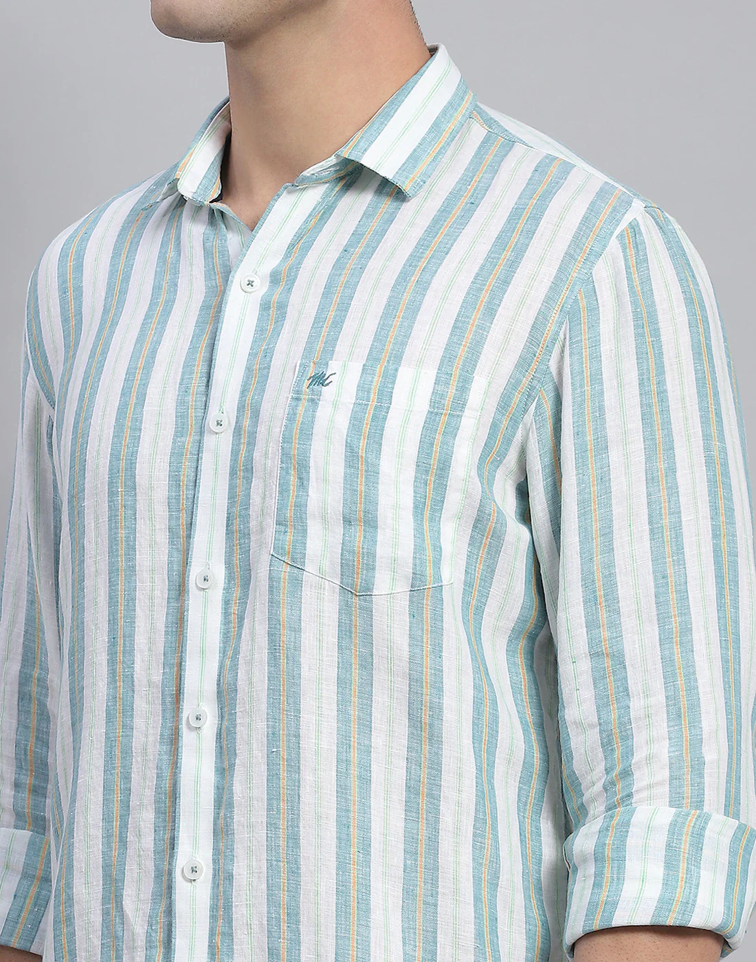 Men Green Stripe Collar Full Sleeve Linen Shirt - Image 7