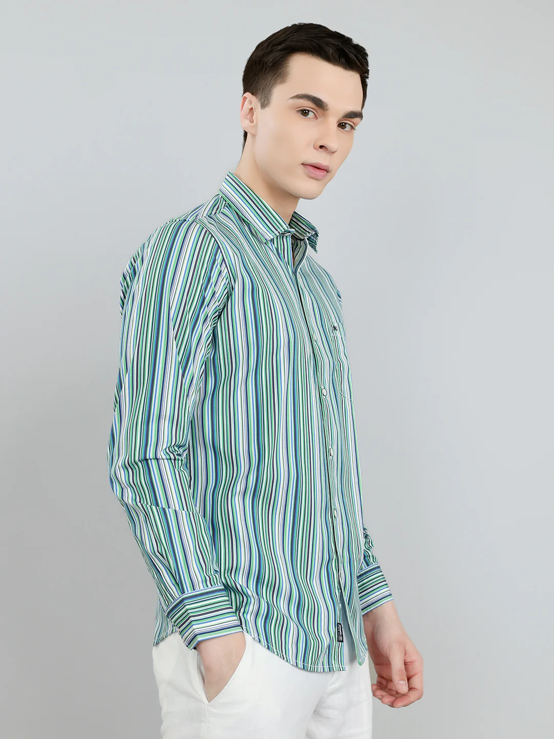 Men Green Stripe Collar Full Sleeve Shirt - Image 3