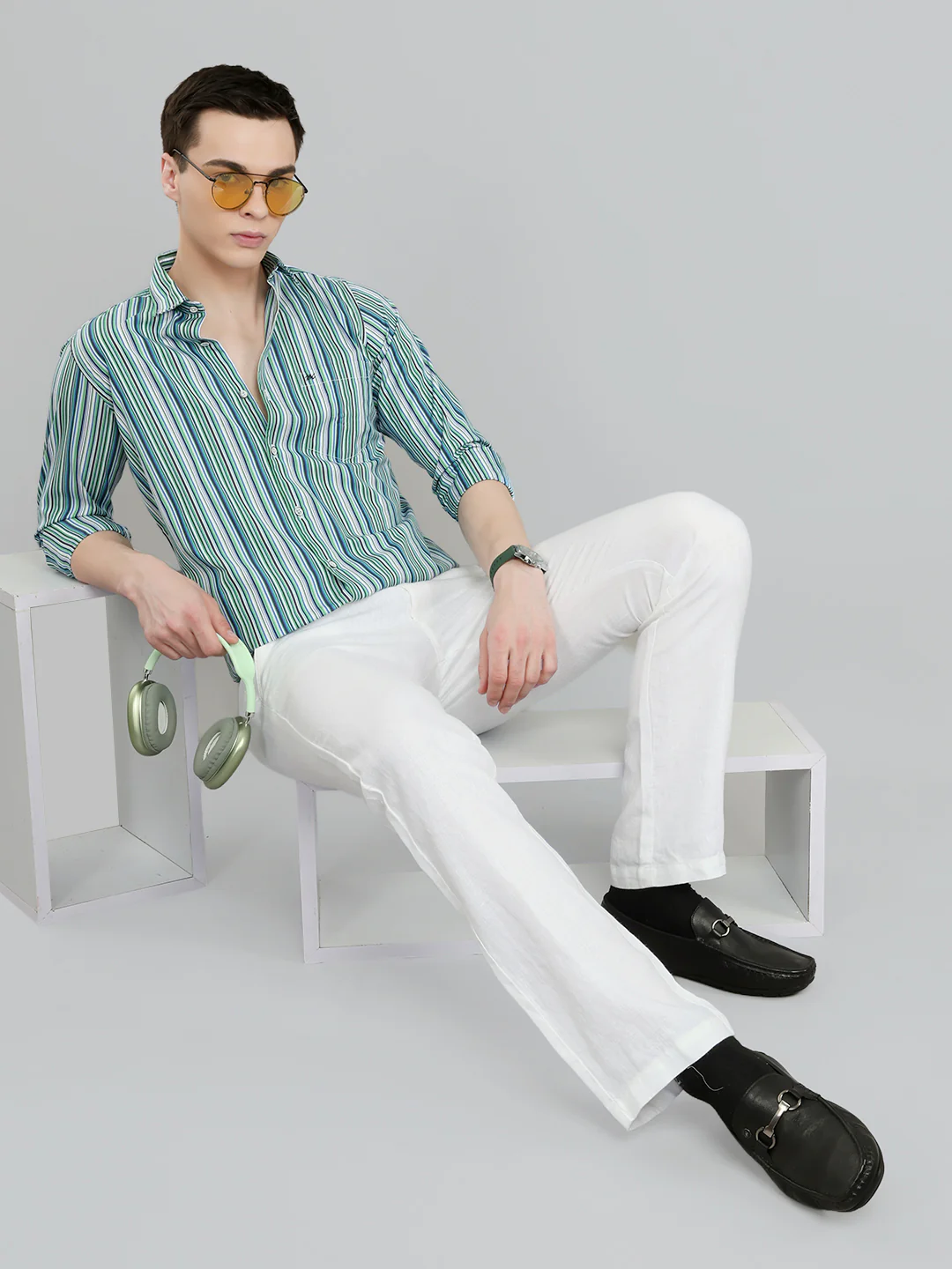 Men Green Stripe Collar Full Sleeve Shirt - Image 6