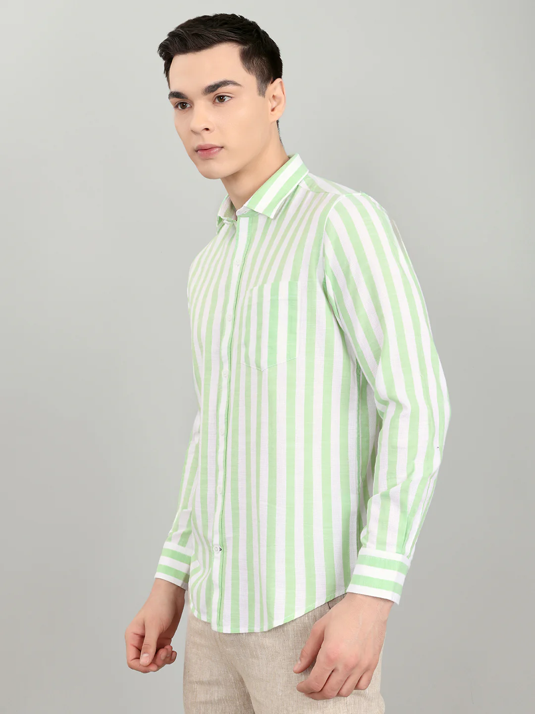 Men Green Stripe Collar Full Sleeve Shirt - Image 2