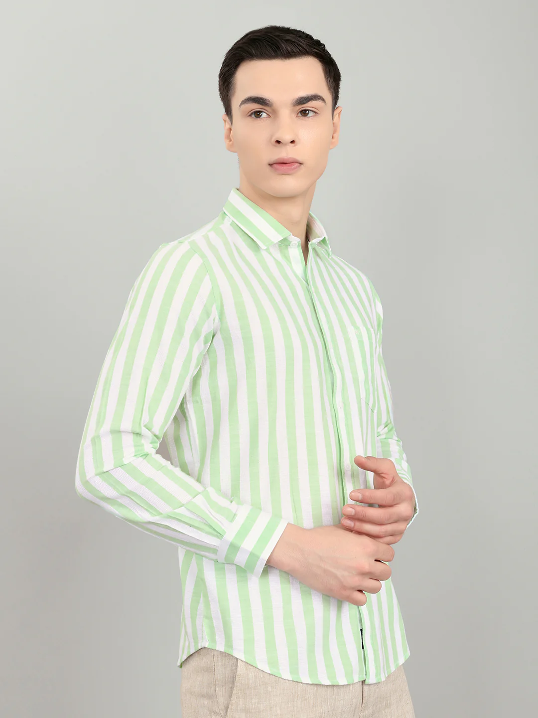Men Green Stripe Collar Full Sleeve Shirt - Image 3