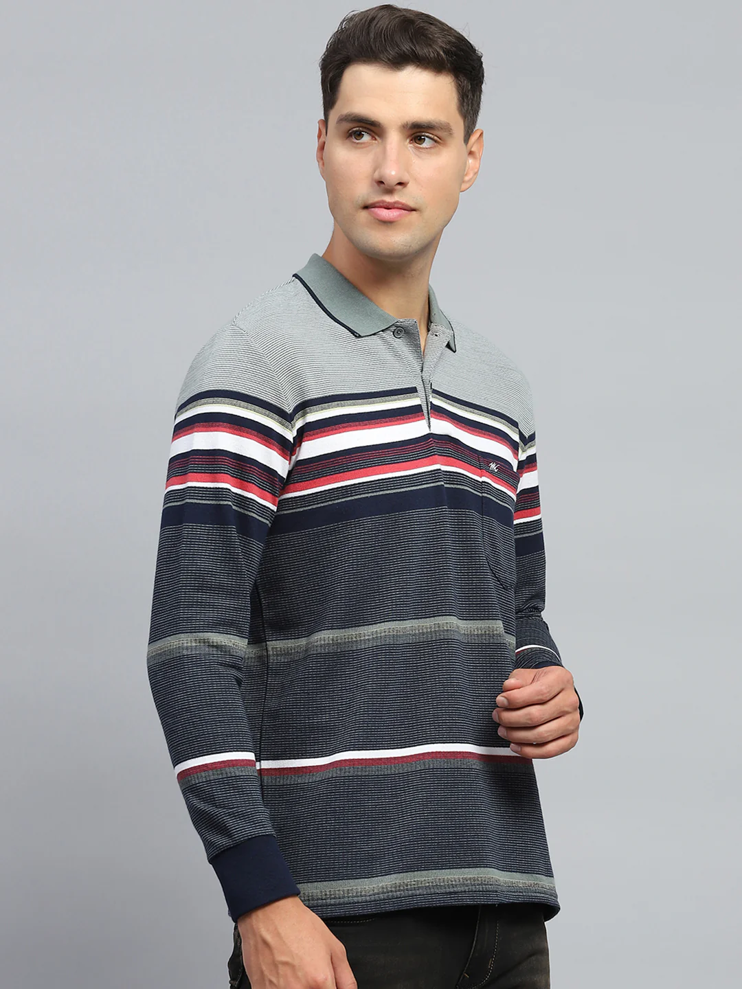 Men Green Stripe Collar Full Sleeve Winter T-Shirt - Image 4