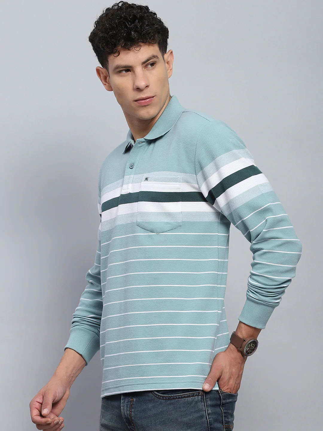 Men Green Stripe Collar Full Sleeve Winter T-Shirt - Image 3