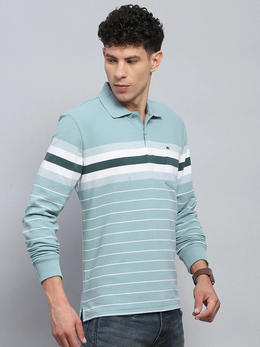 Men Green Stripe Collar Full Sleeve Winter T-Shirt - Image 4