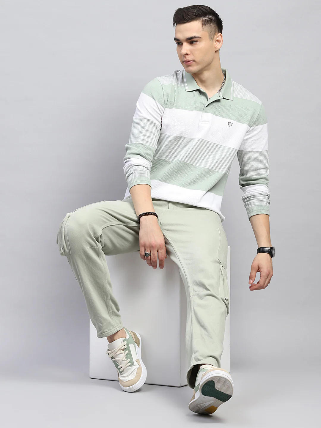 Men Green Stripe Collar Full Sleeve Winter T-Shirt - Image 2