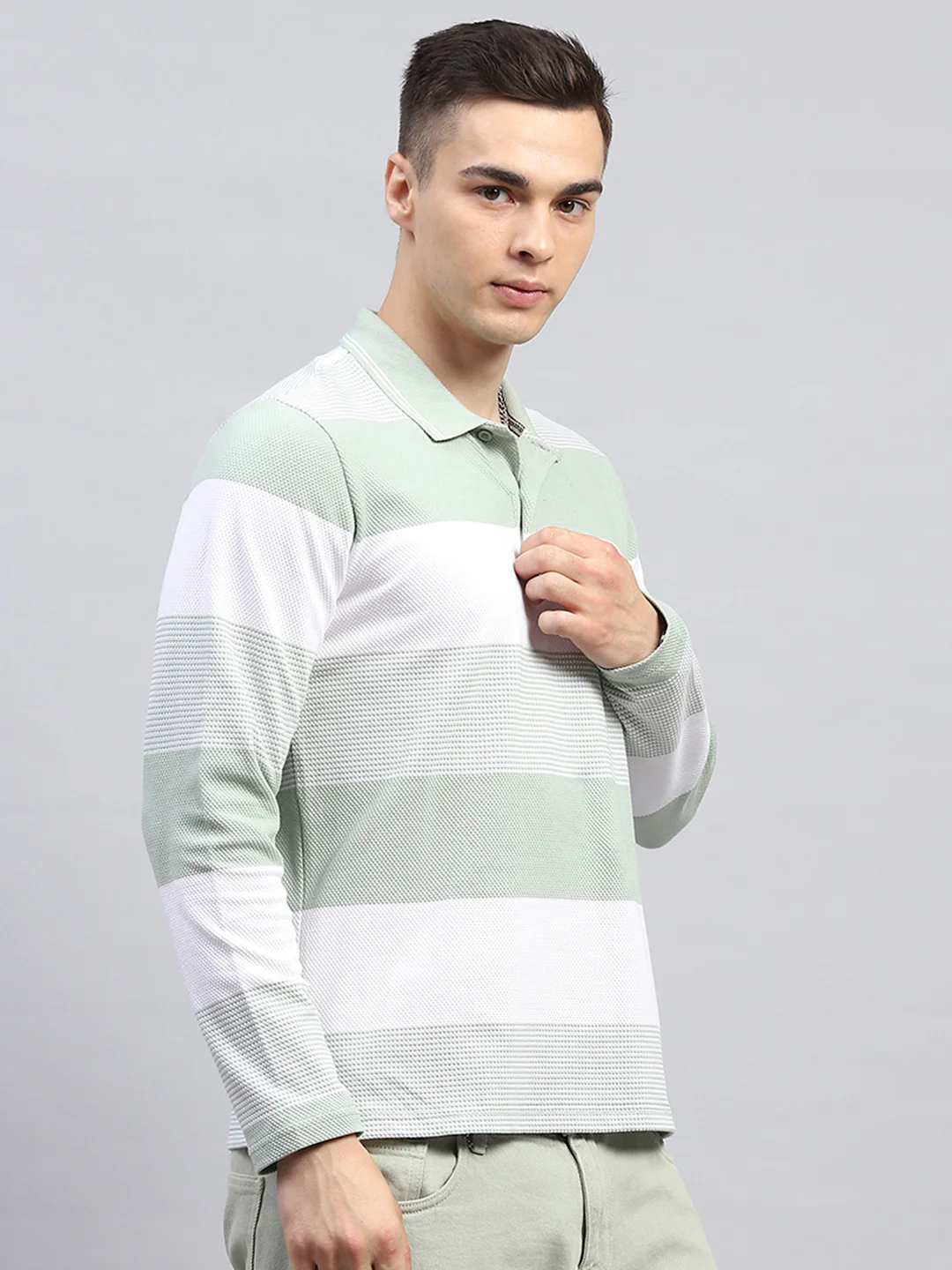 Men Green Stripe Collar Full Sleeve Winter T-Shirt - Image 4
