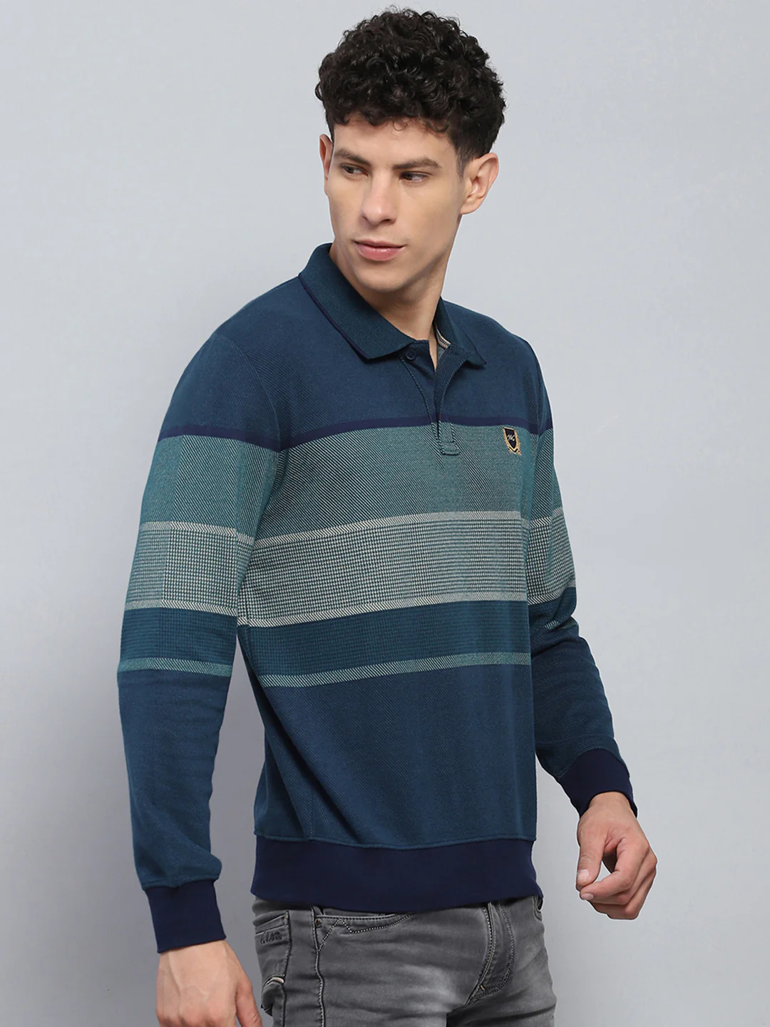 Men Green Stripe Collar Full Sleeve Winter T-Shirt - Image 4