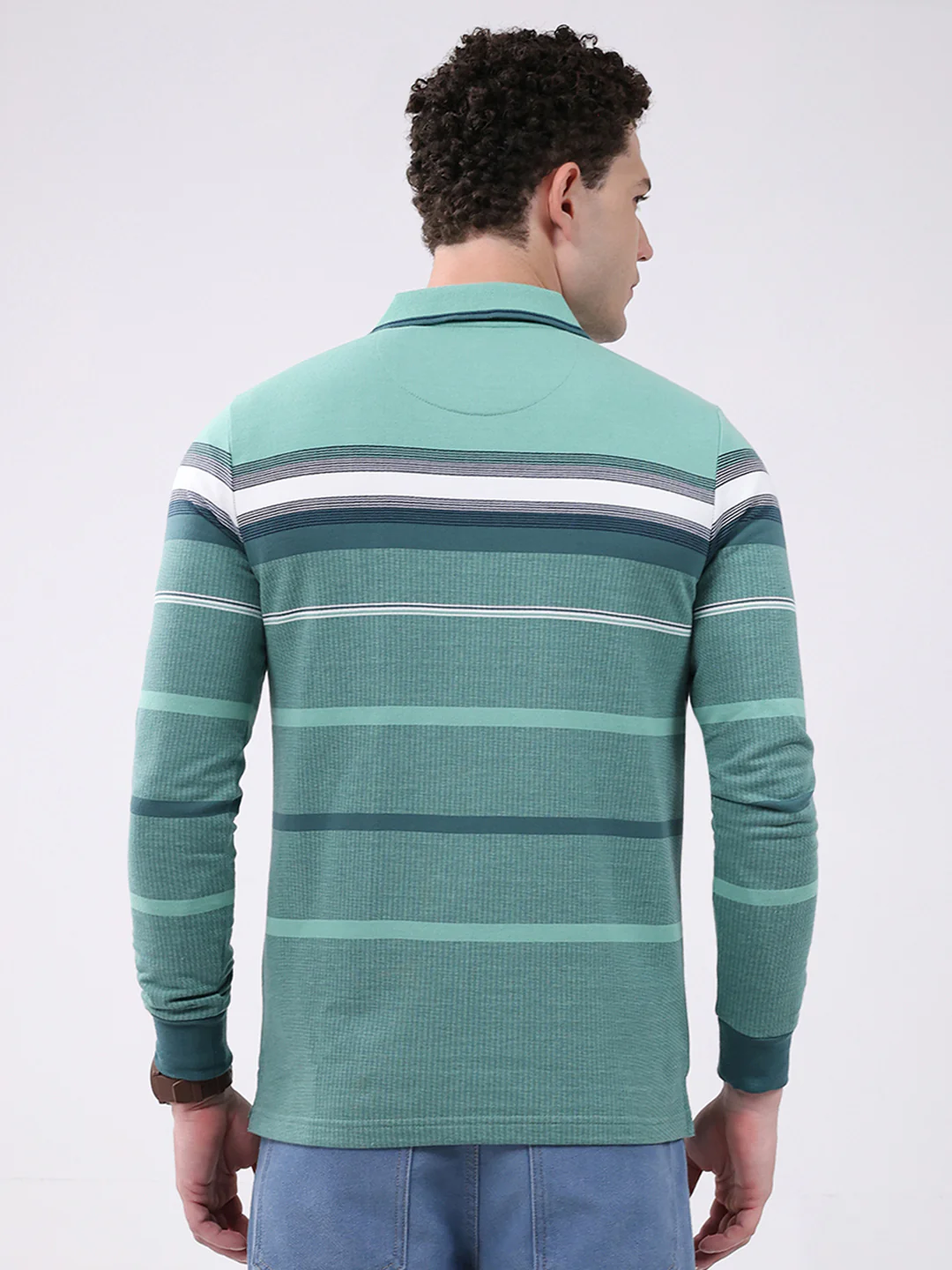 Men Green Stripe Collar Full Sleeve Winter T-Shirt - Image 5