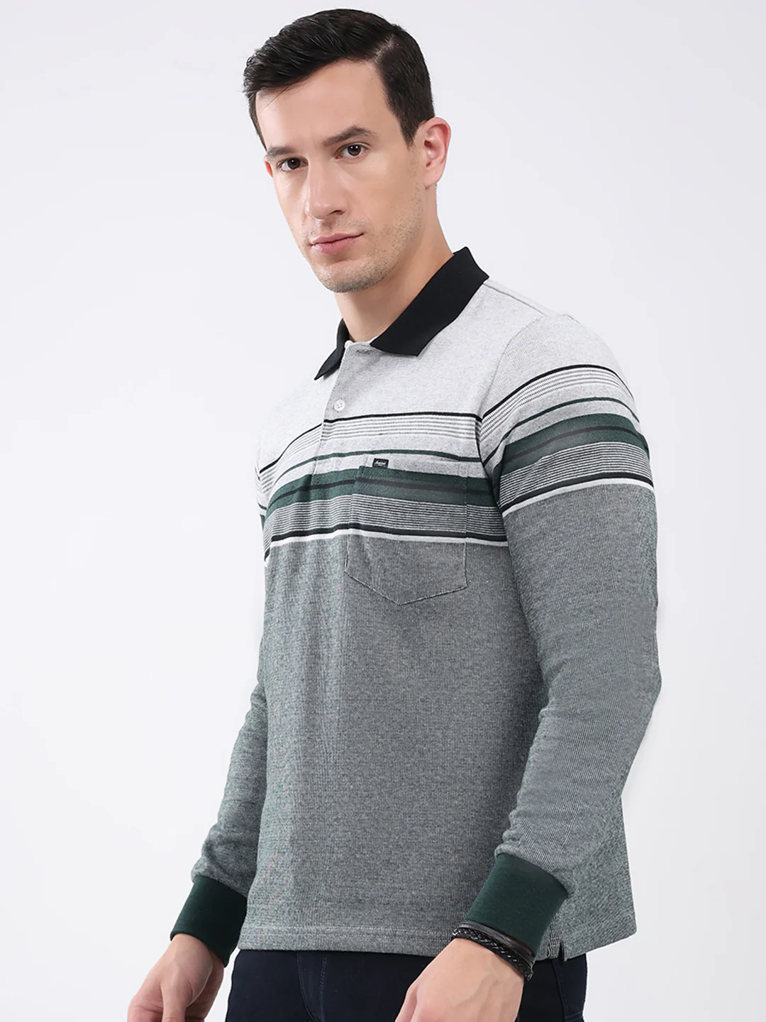 Men Green Stripe Collar Full Sleeve Winter T-Shirt - Image 3
