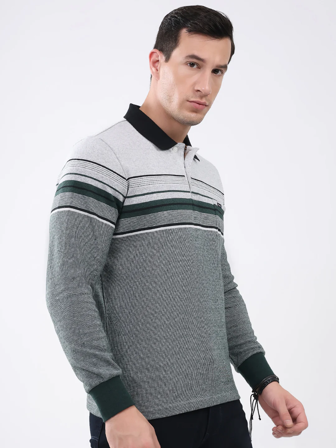Men Green Stripe Collar Full Sleeve Winter T-Shirt - Image 4