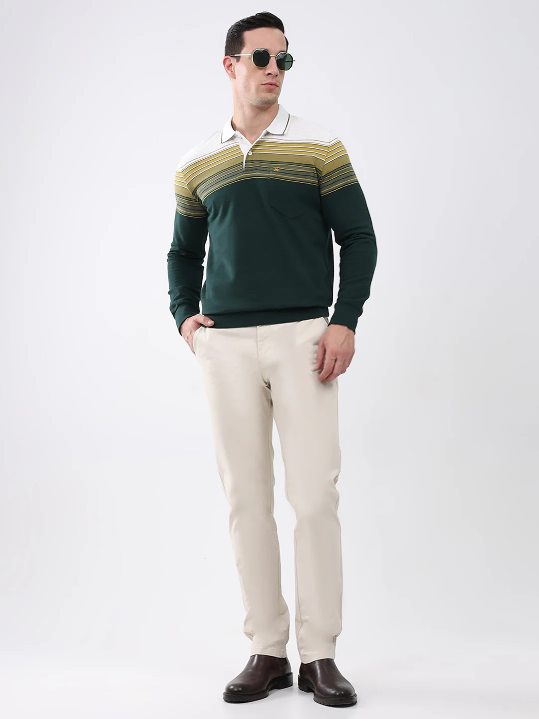 Men Green Stripe Collar Full Sleeve Winter T-Shirt - Image 2