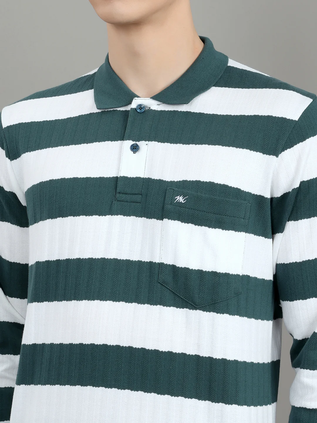 Men Green Stripe Collar Full Sleeve Winter T-Shirt - Image 5