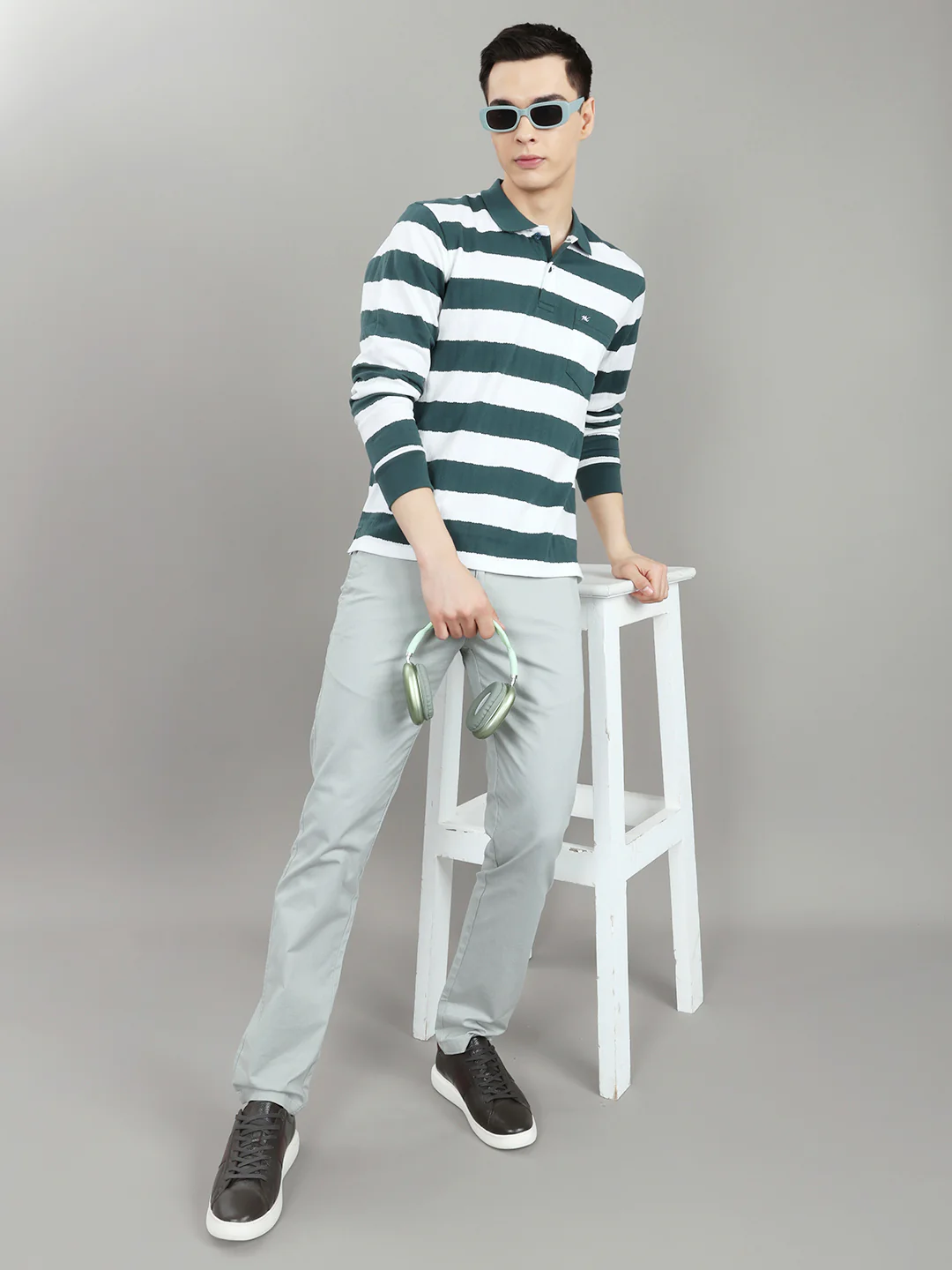 Men Green Stripe Collar Full Sleeve Winter T-Shirt - Image 6