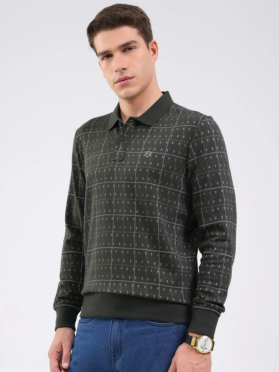 Men Green Stripe Collar Full Sleeve Winter T-Shirt - Image 3