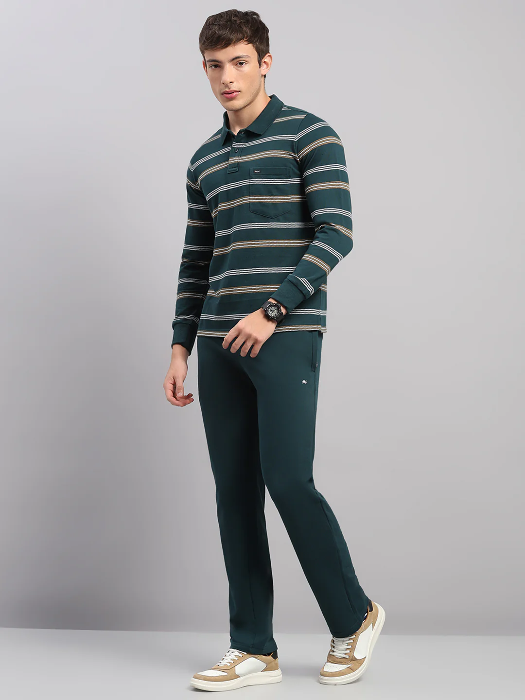 Men Green Stripe Collar Full Sleeve Winter Tracksuit - Image 3