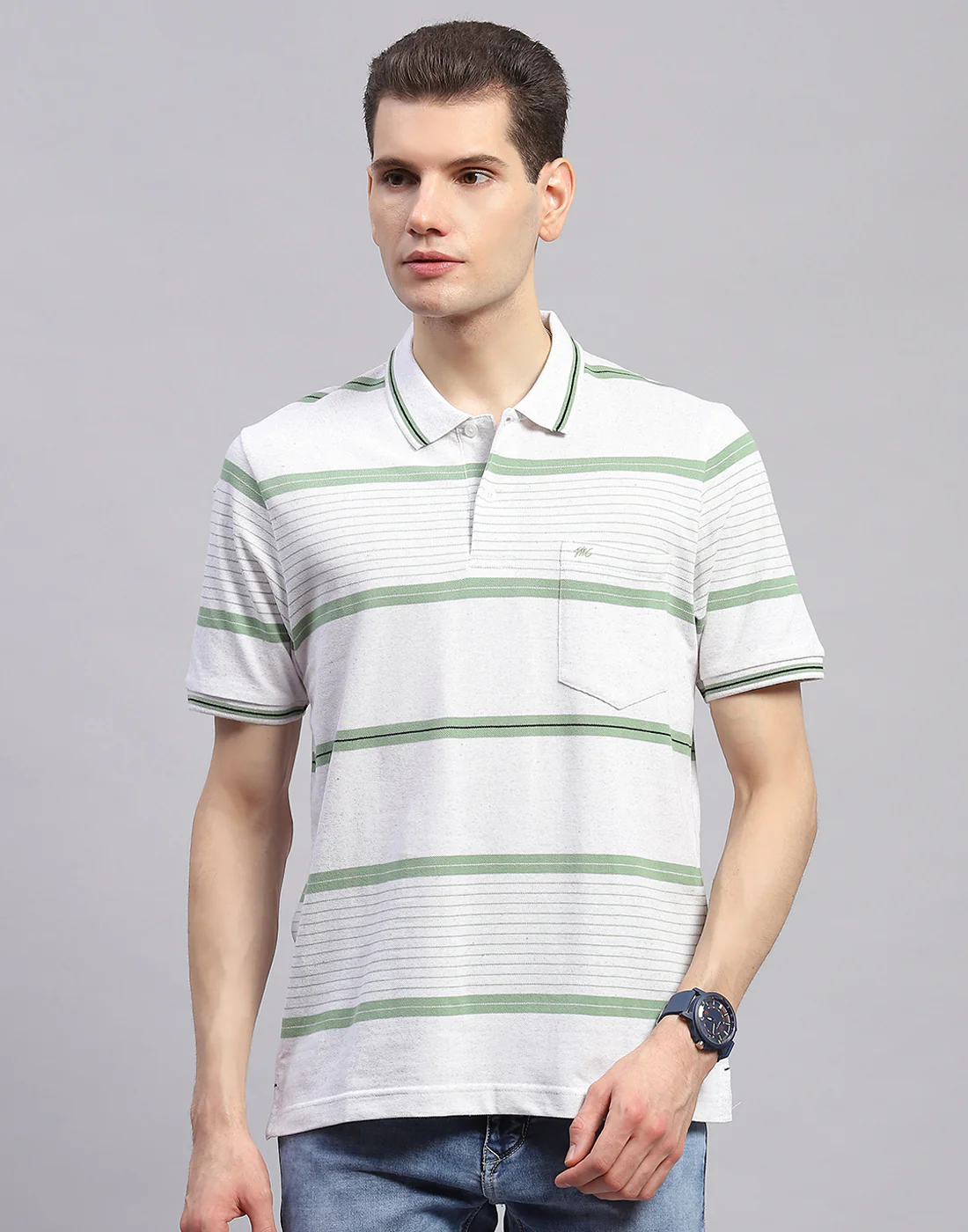 Men Green Stripe Collar Half Sleeve T-Shirt - Image 3