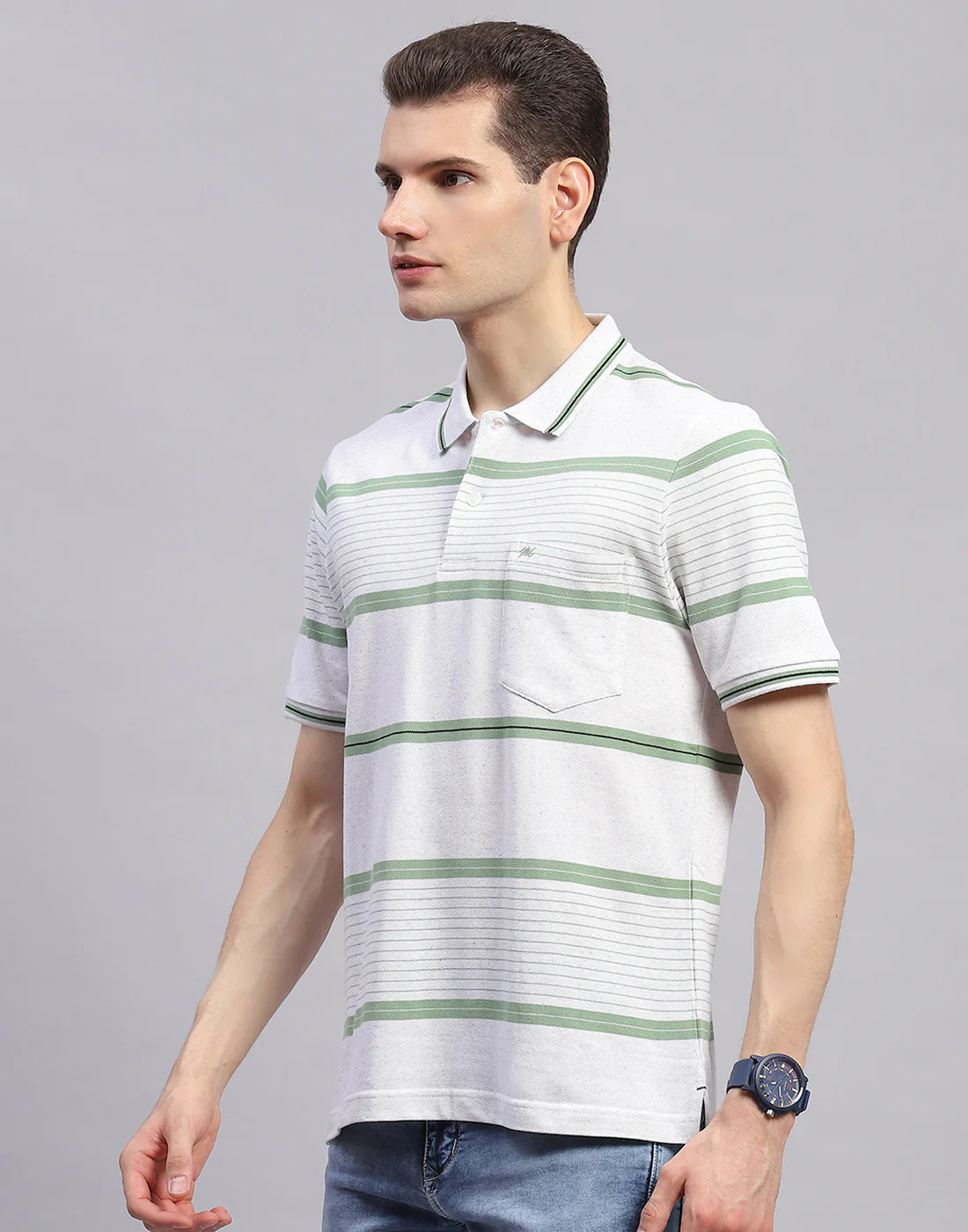 Men Green Stripe Collar Half Sleeve T-Shirt - Image 4