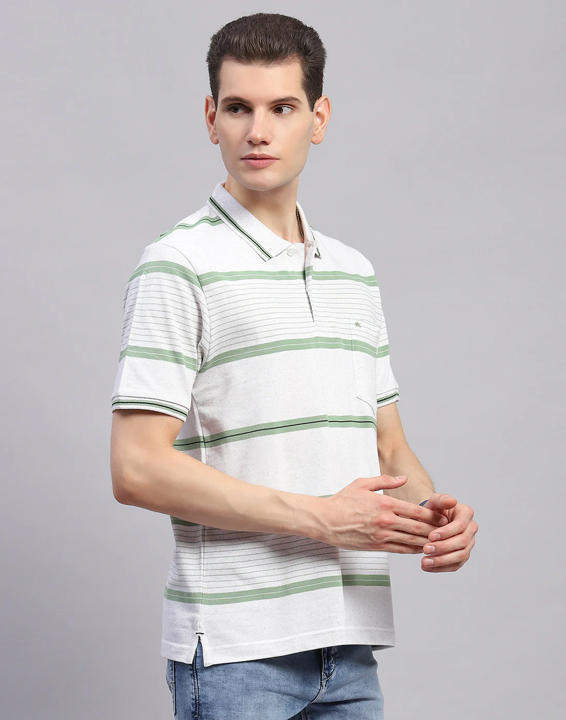 Men Green Stripe Collar Half Sleeve T-Shirt - Image 5