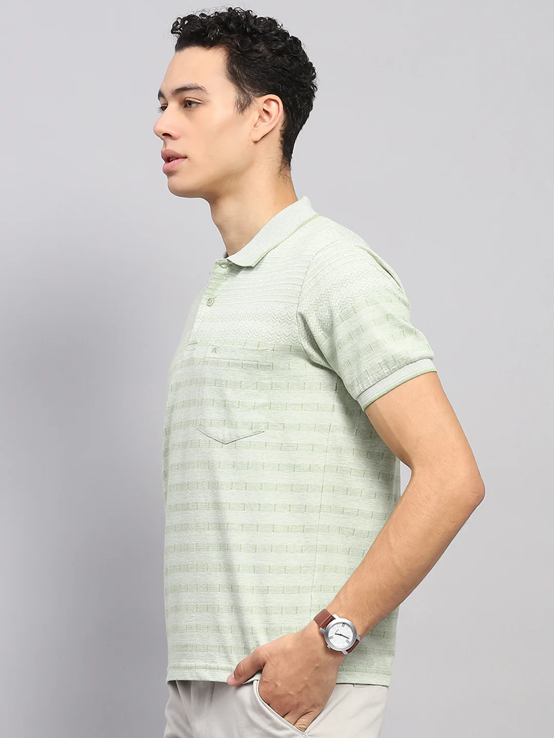 Men Green Stripe Collar Half Sleeve T-Shirt - Image 3