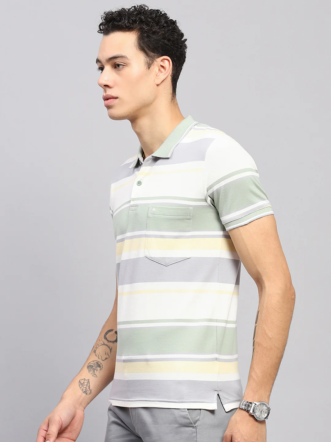 Men Green Stripe Collar Half Sleeve T-Shirt - Image 3