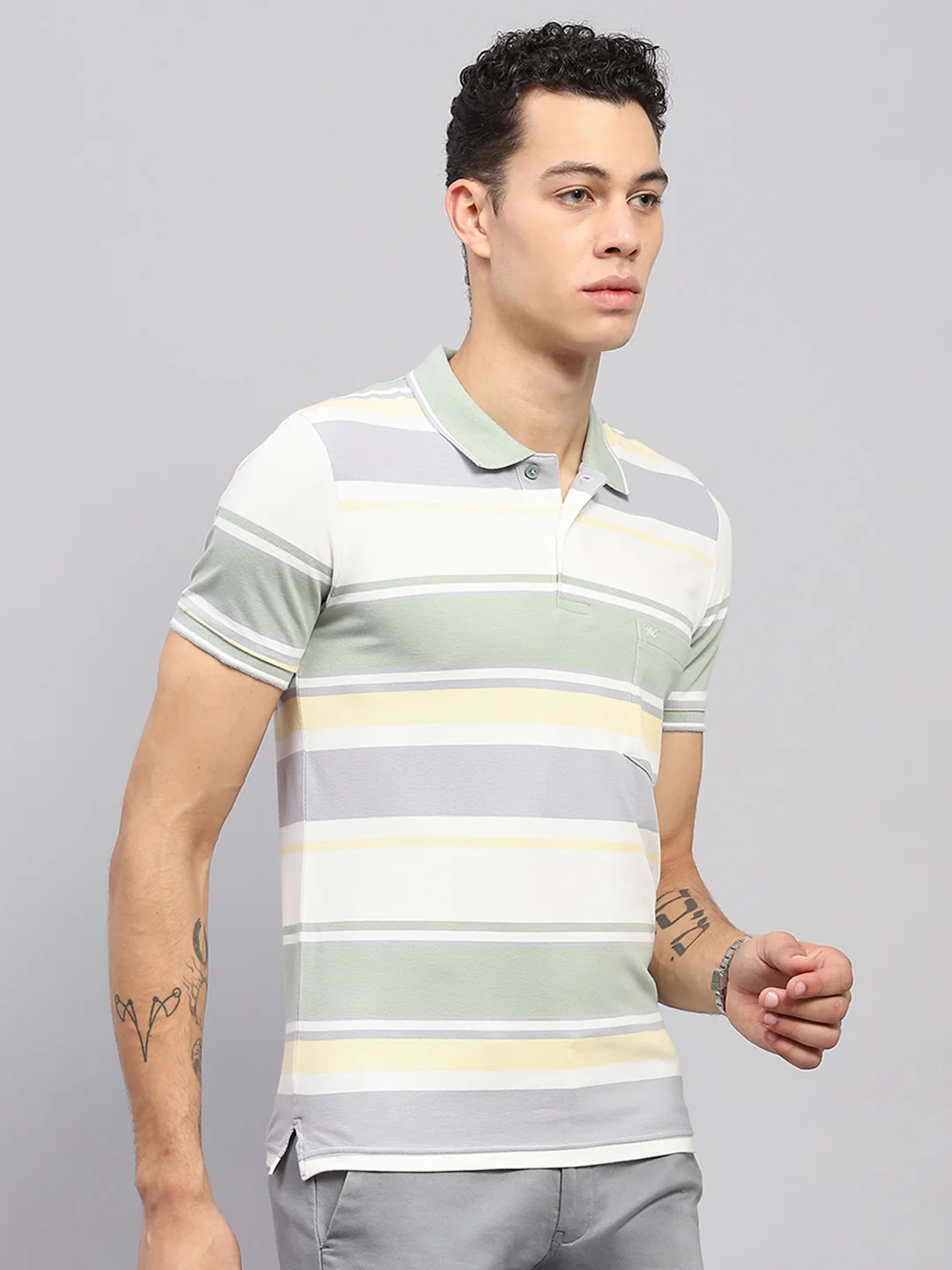 Men Green Stripe Collar Half Sleeve T-Shirt - Image 4