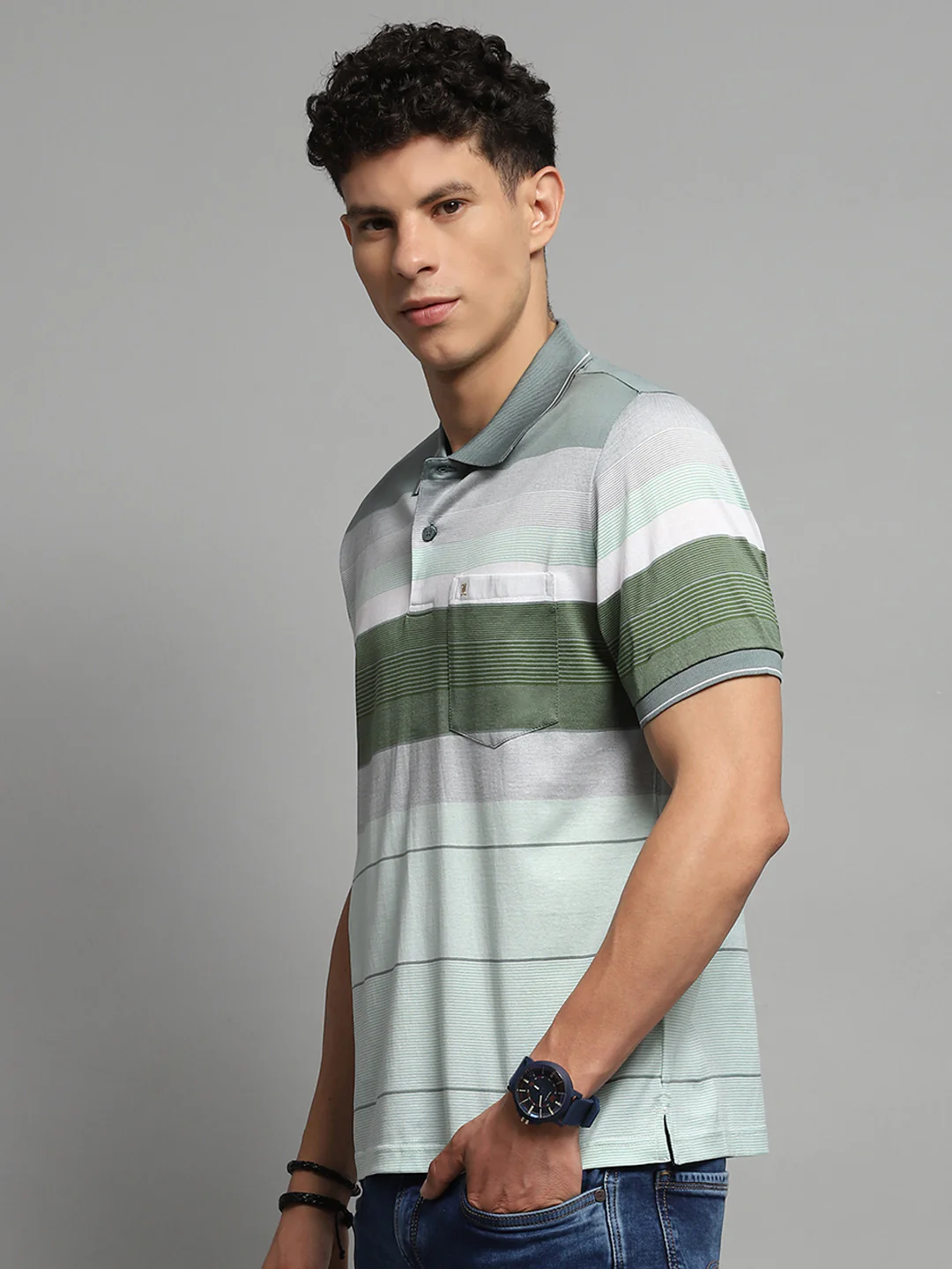 Luxuria Men Green Stripe Collar Half Sleeve T-Shirt - Image 3