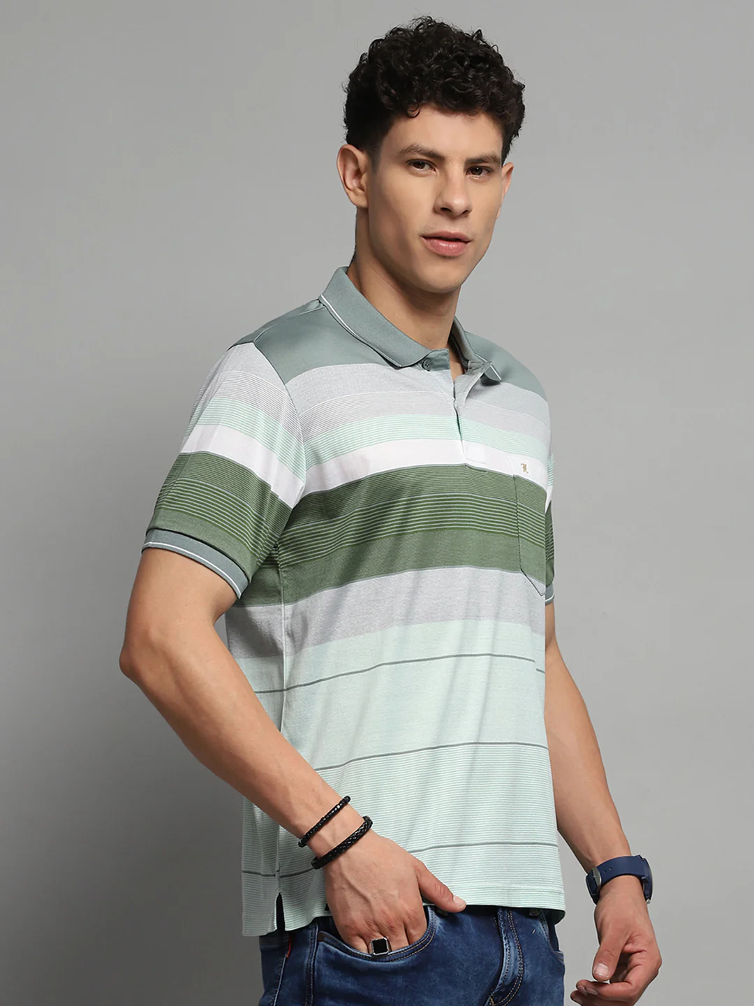 Luxuria Men Green Stripe Collar Half Sleeve T-Shirt - Image 4