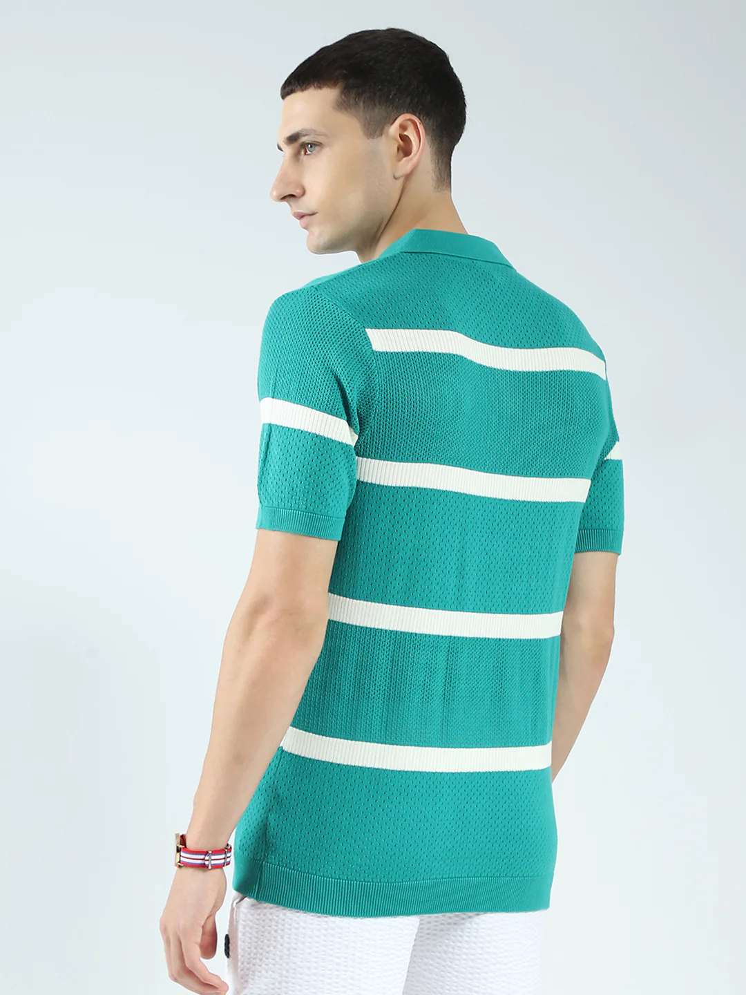 Rock.it Men Green Stripe Collar Half Sleeve T-Shirt - Image 5