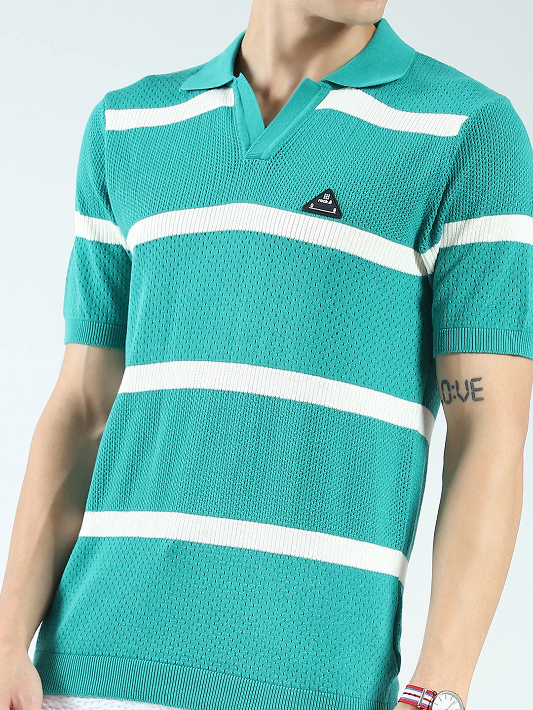 Rock.it Men Green Stripe Collar Half Sleeve T-Shirt - Image 6