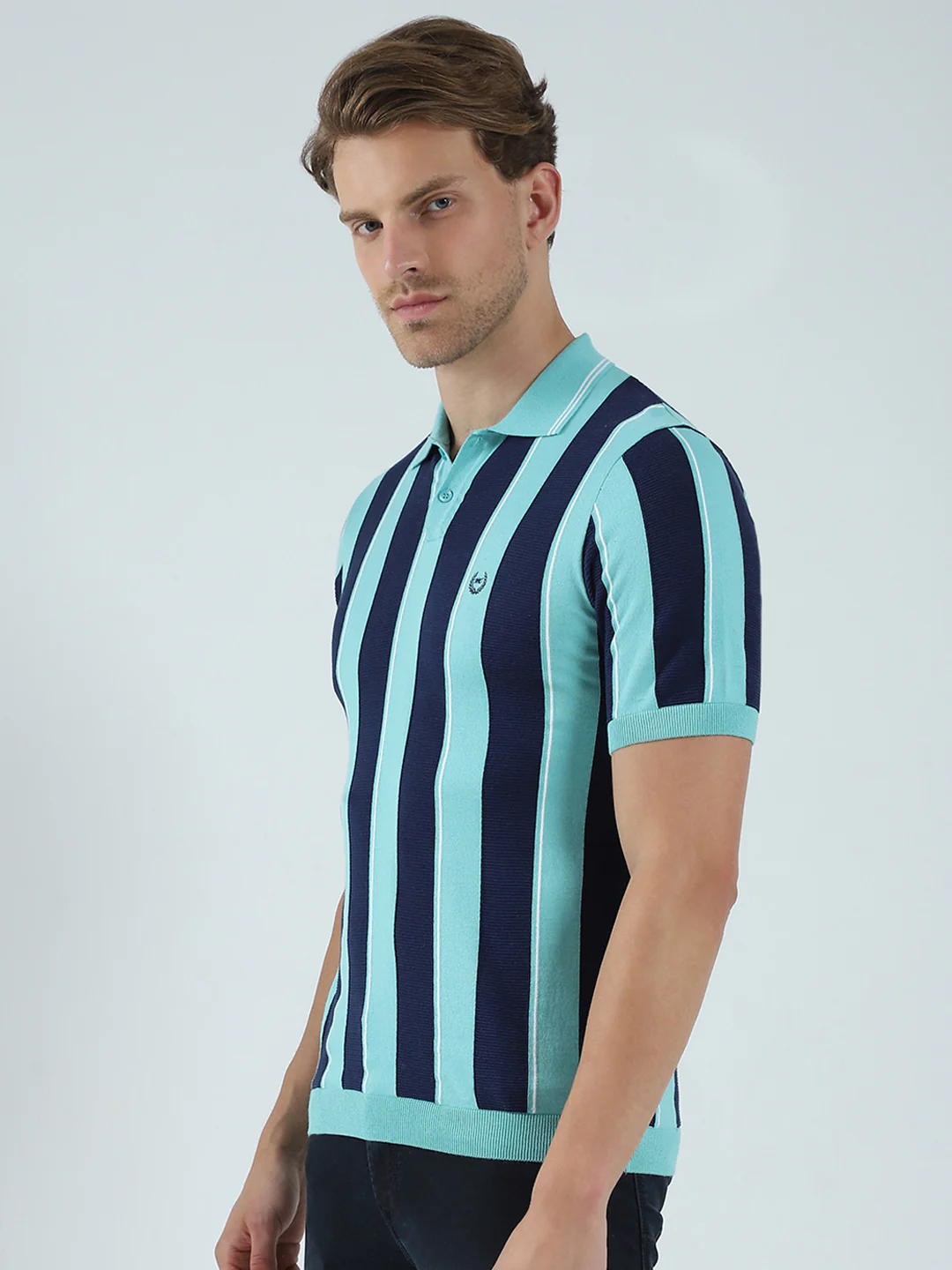 Men Green Stripe Collar Half Sleeve T-Shirt - Image 3