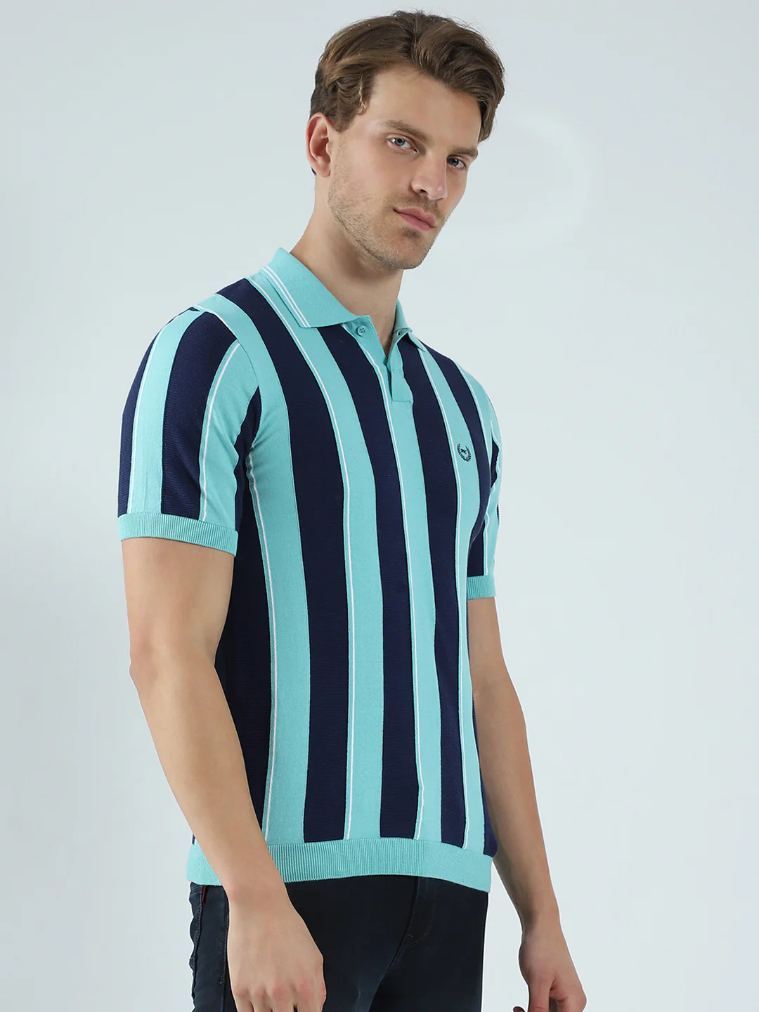 Men Green Stripe Collar Half Sleeve T-Shirt - Image 4