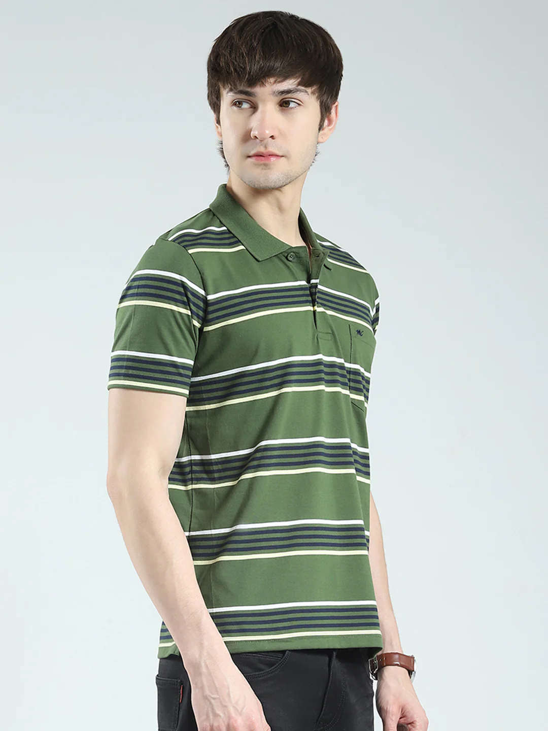 Men Green Stripe Collar Half Sleeve T-Shirt - Image 4