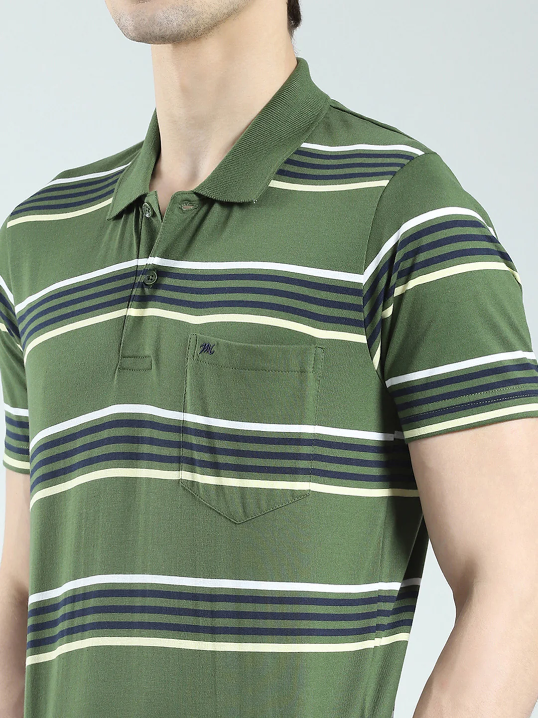 Men Green Stripe Collar Half Sleeve T-Shirt - Image 6
