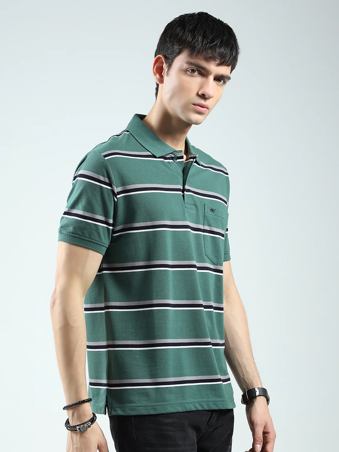 Men Green Stripe Collar Half Sleeve T-Shirt - Image 4