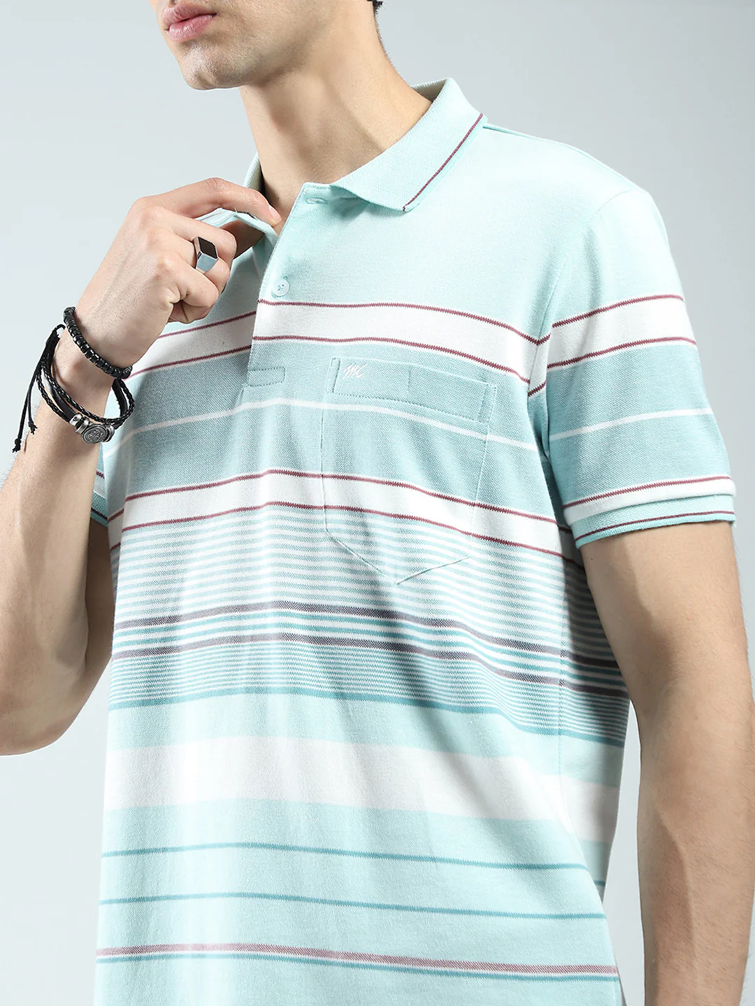 Men Green Stripe Collar Half Sleeve T-Shirt - Image 7