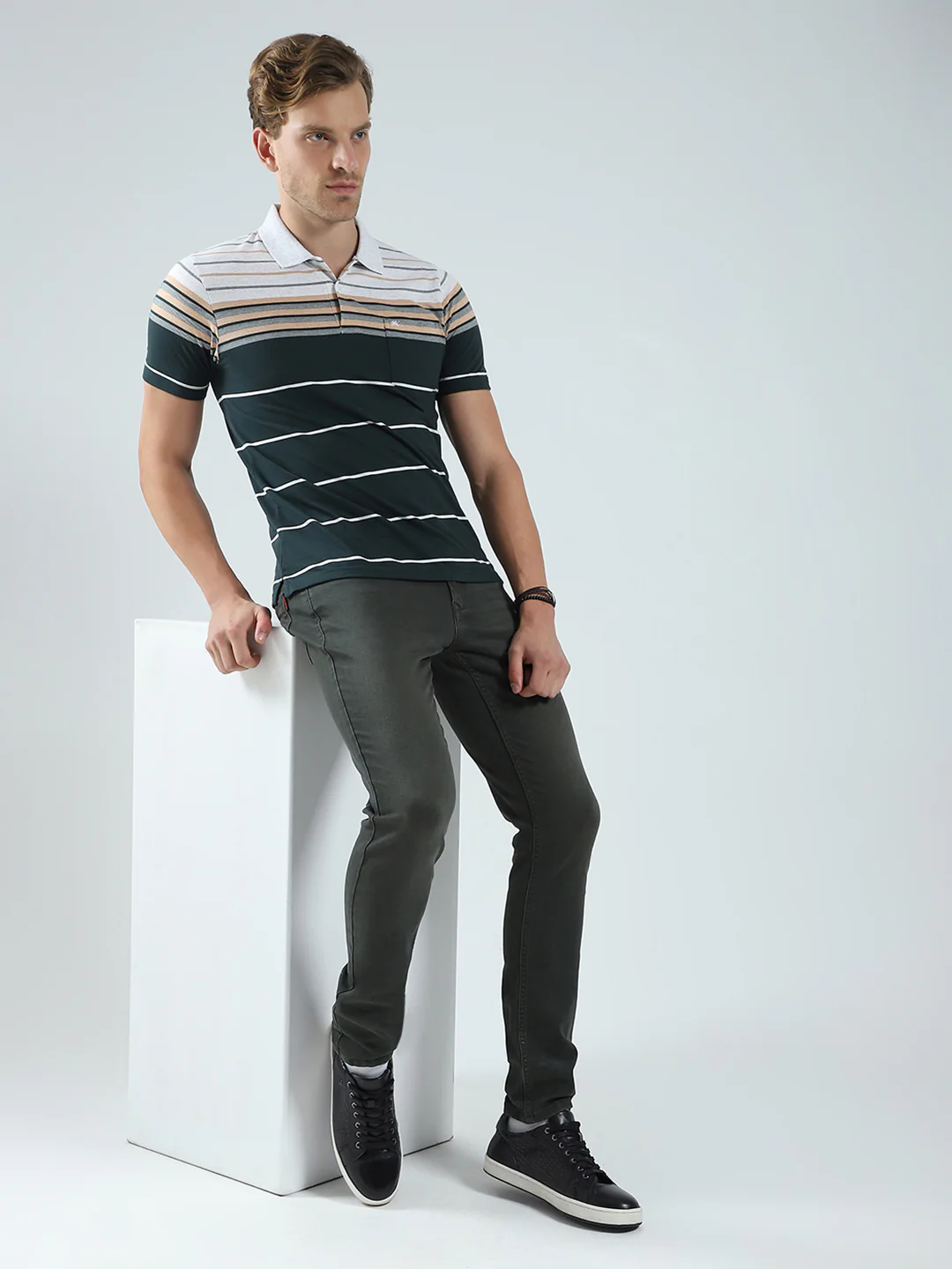 Men Green Stripe Collar Half Sleeve T-Shirt - Image 2
