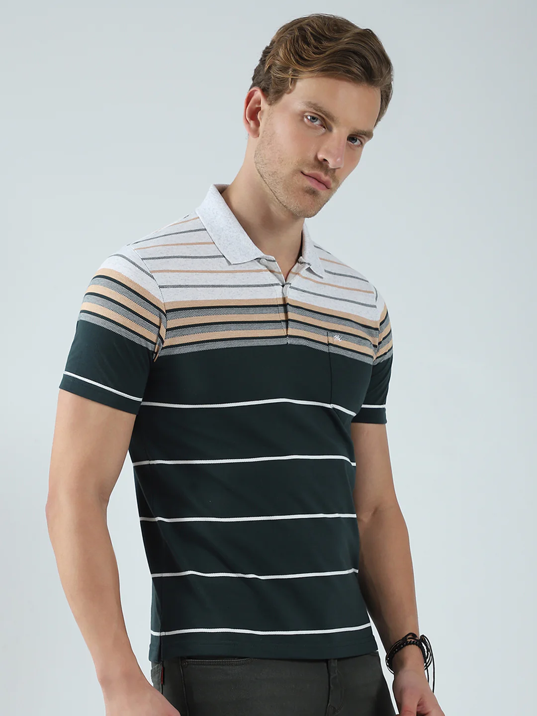 Men Green Stripe Collar Half Sleeve T-Shirt - Image 4