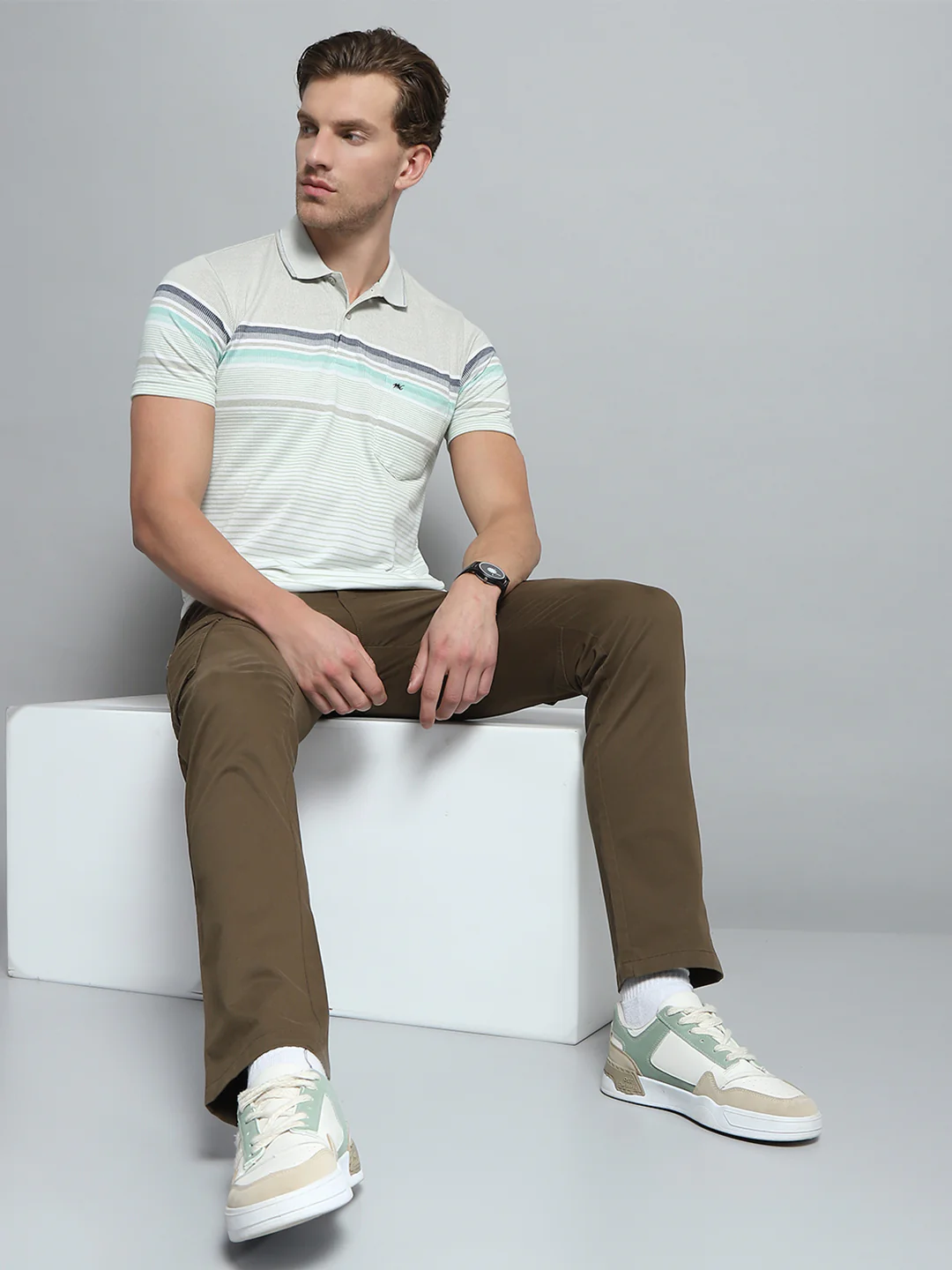 Men Green Stripe Collar Half Sleeve T-Shirt - Image 2
