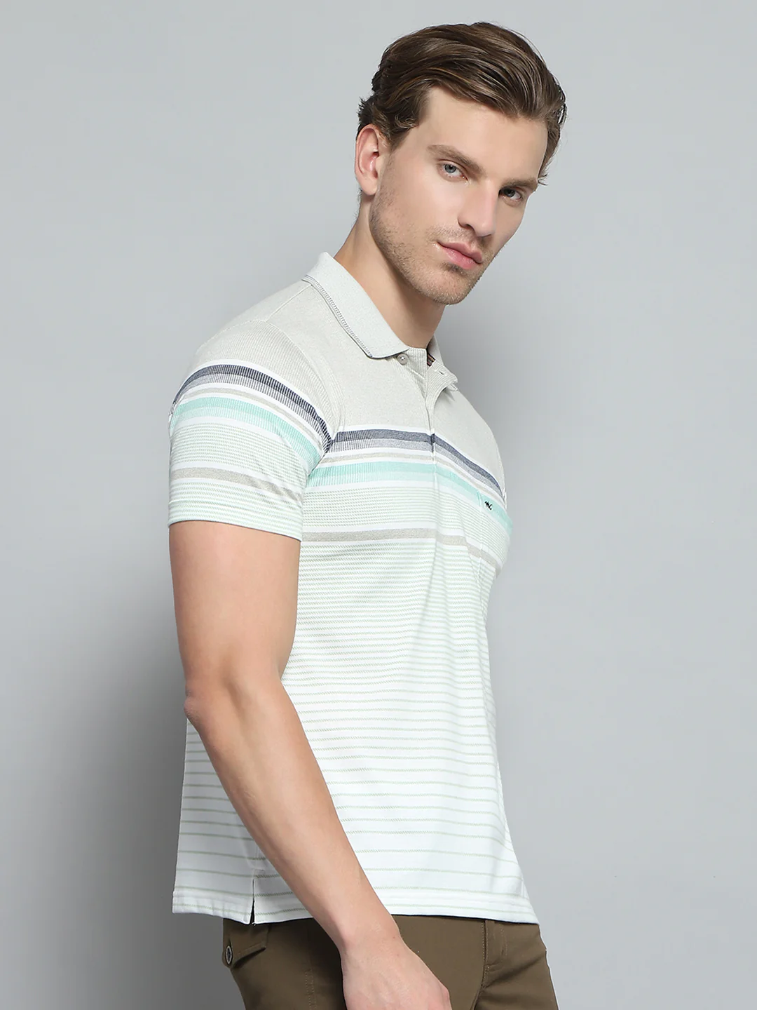 Men Green Stripe Collar Half Sleeve T-Shirt - Image 4