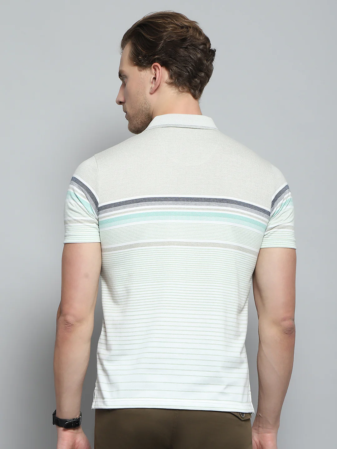 Men Green Stripe Collar Half Sleeve T-Shirt - Image 5