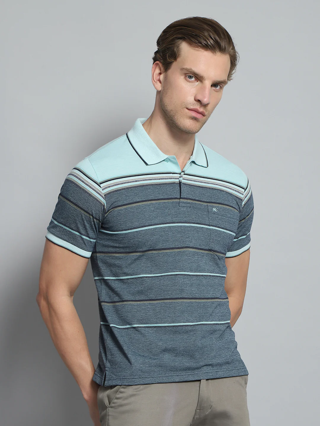 Men Green Stripe Collar Half Sleeve T-Shirt - Image 4