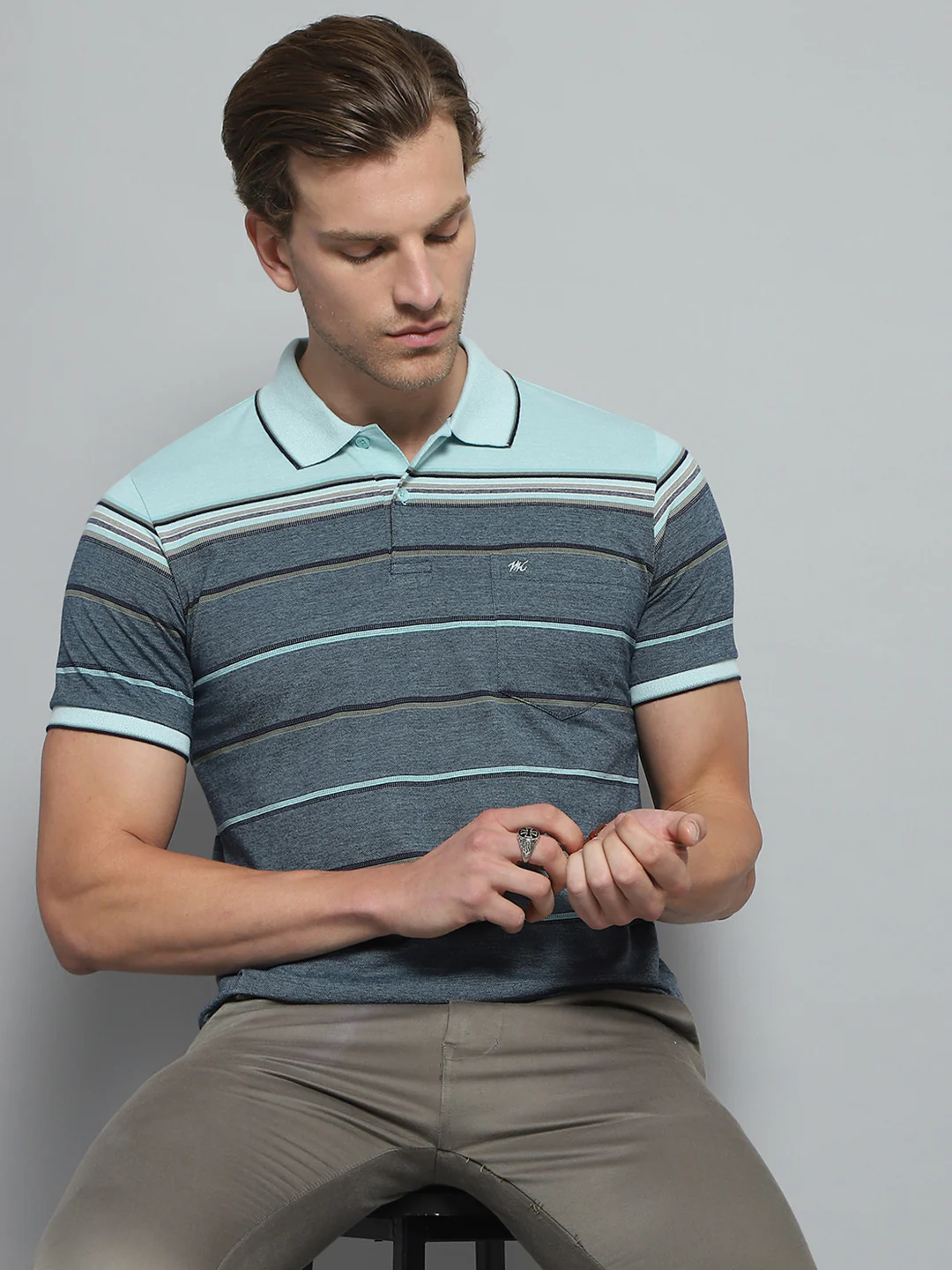 Men Green Stripe Collar Half Sleeve T-Shirt - Image 6