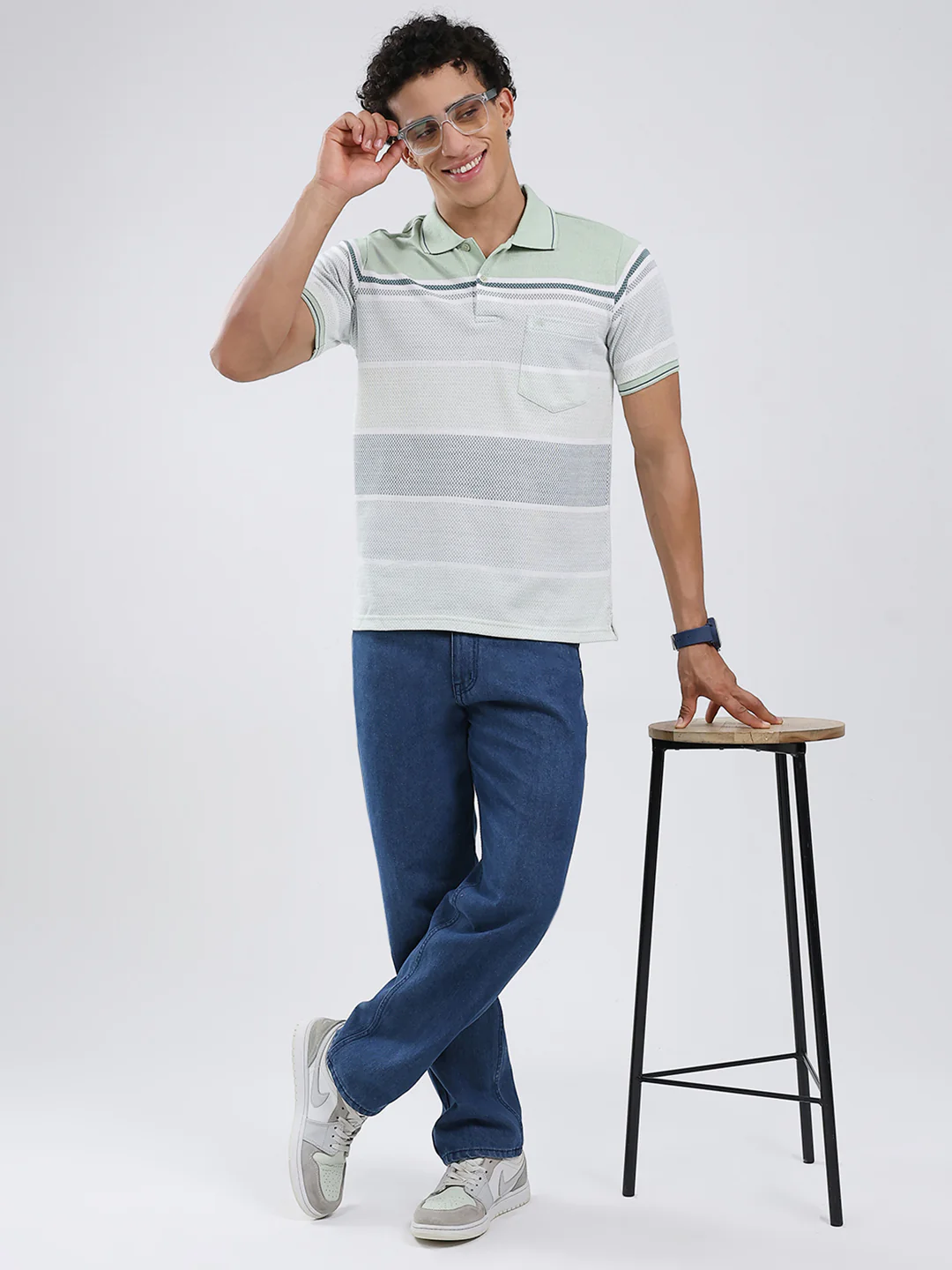 Men Green Stripe Collar Half Sleeve T-Shirt - Image 2