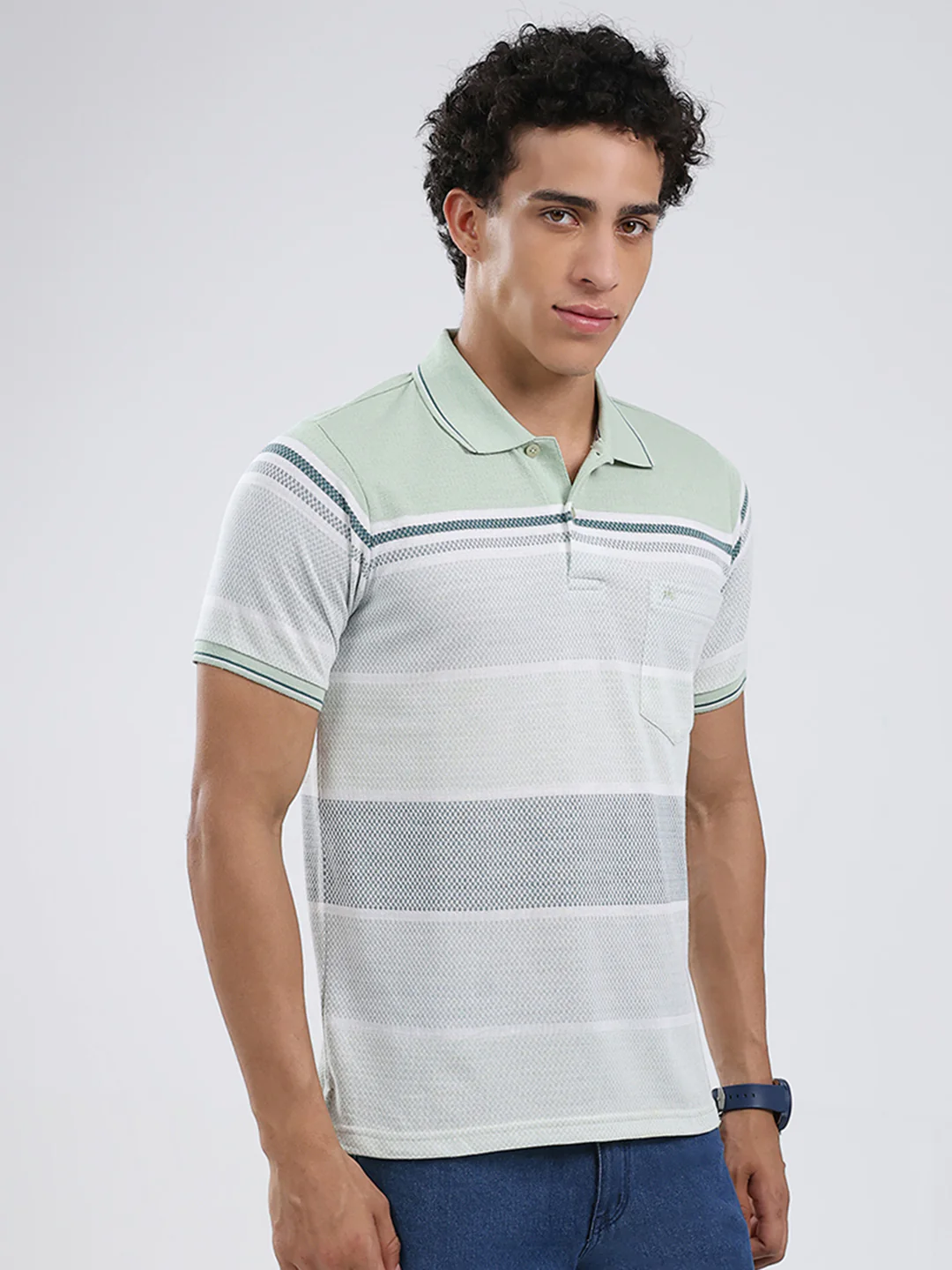 Men Green Stripe Collar Half Sleeve T-Shirt - Image 4