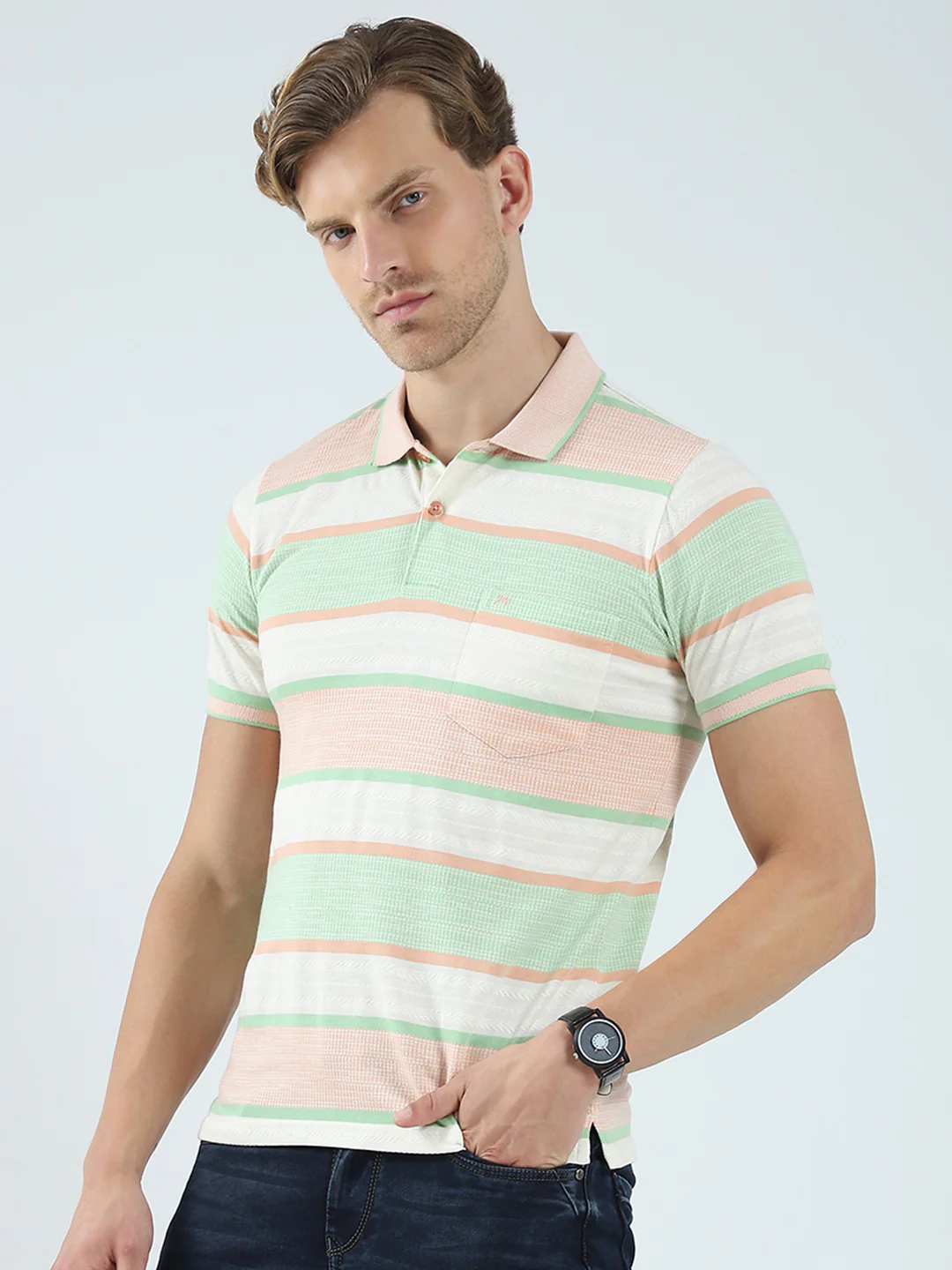 Men Green Stripe Collar Half Sleeve T-Shirt - Image 3